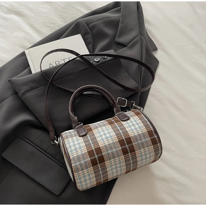 Korean Bow Pillow Bag Women Star Checkered Handbag Blue Brown Pleated Edge Shoulder Bag Cute Heart-shaped Pendant Crossbody Bag
