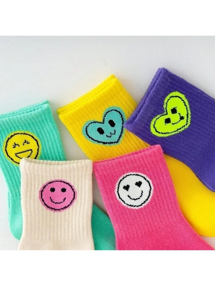 5 Pairs of New Four-Season Children's Socks with Smiley Face Expressions for Boys and Girls, Mid-Calf and High-Calf Socks