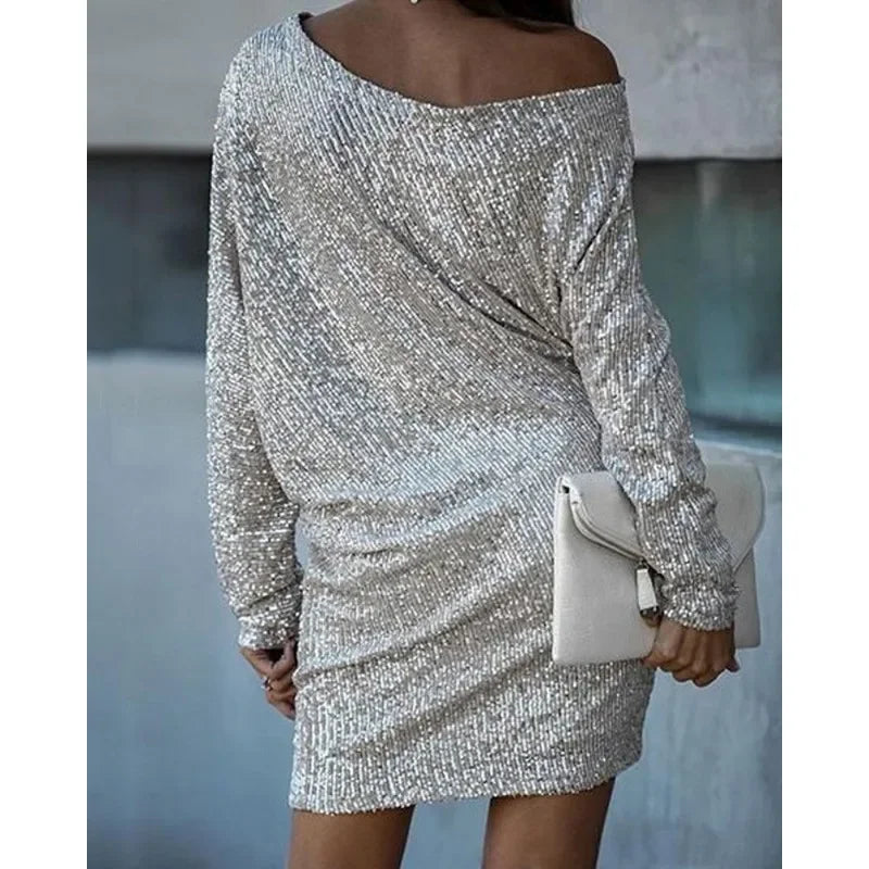 Sexy Slim-Fit Sequined Mini Dress Autumn and Winter New Dress Women Long Sleeve Off Shoulder Slash Neck Party Formal Dress