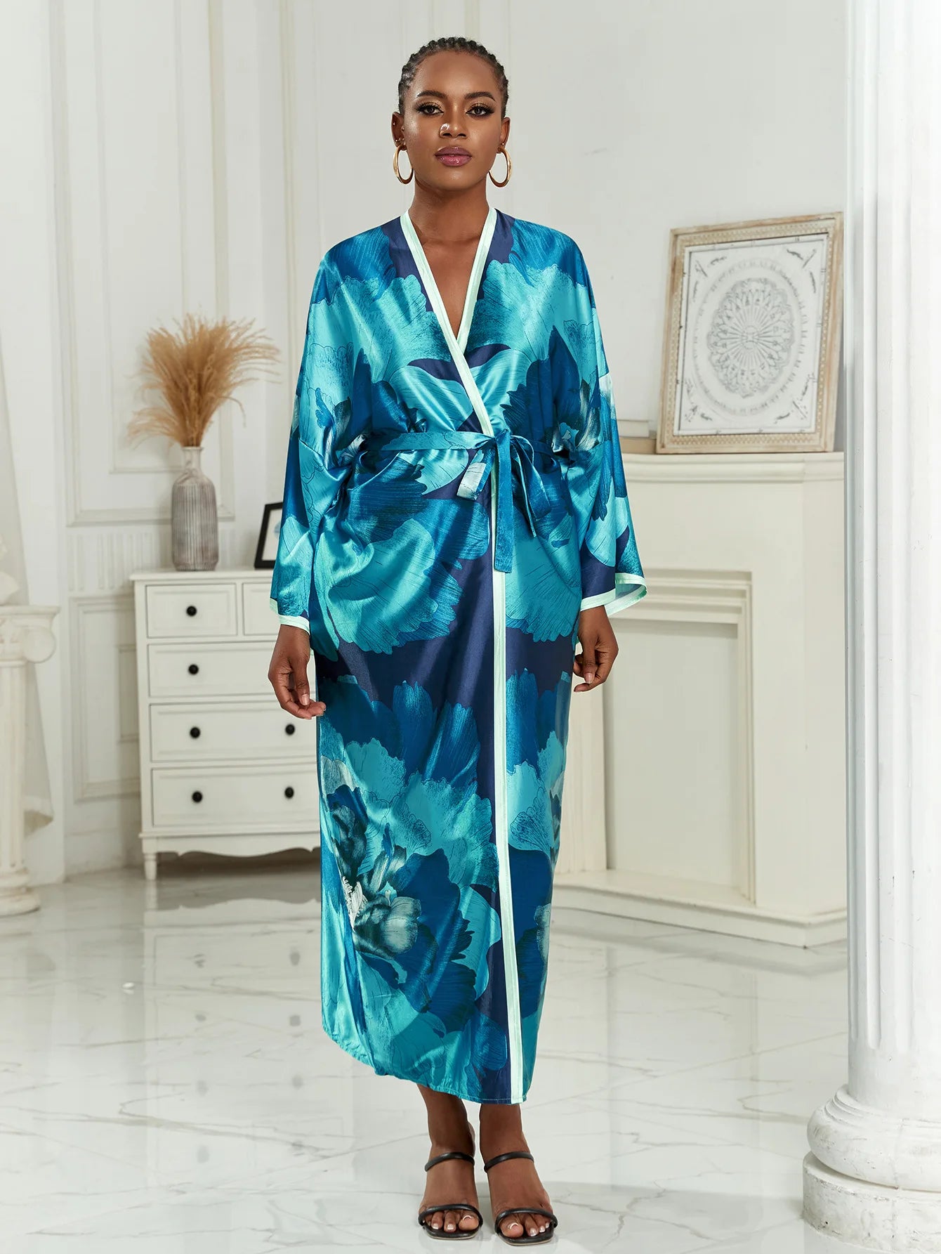 Long Kimono Bath Robe Gown Wide Sleeve Print Flower Robe Women Satin Nightgown New Silk Satin Nightdress V-Neck Lounge Sleepwear