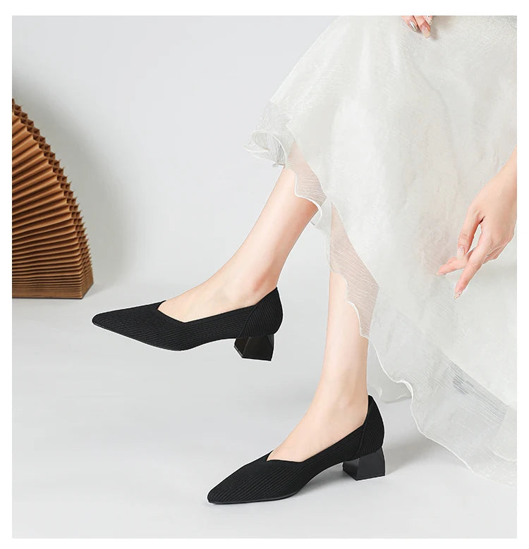New Women's High Heels Large 42/43 Fashion Pointed Anti slip Rubber Bottom Knitted Breathable Shoes