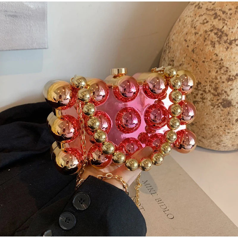 Gold Beaded Chain Banquet Purse Luxury Acrylic Cake Box Bag Women Niche Design Creative High-end Brand Elegant Shoulder Handbag