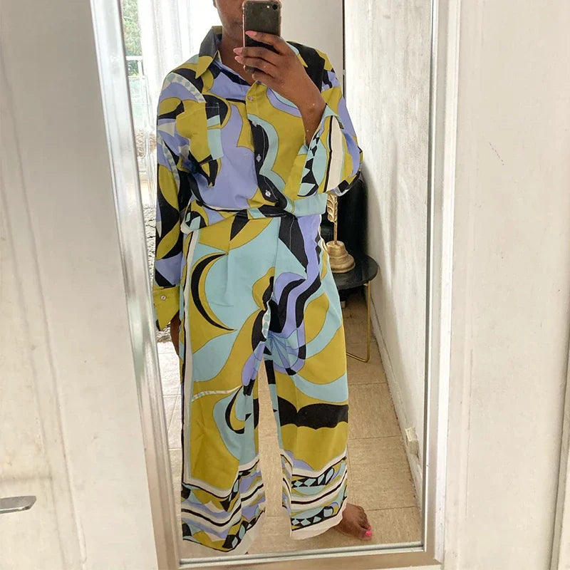 Print Women's Pajama Set Oversize Green Ladies Summer Sleepwear Trouser Suit Long Sleeve Vintage