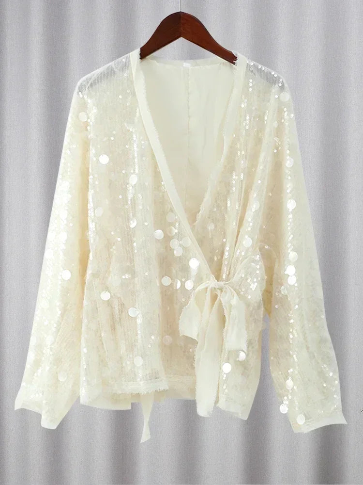 Fashion Women Sequined Lace Up Looseen Shirt Casual Female Long Sleeves V Neck Blouse 2025 Chic Female Spring Commute Streetwear