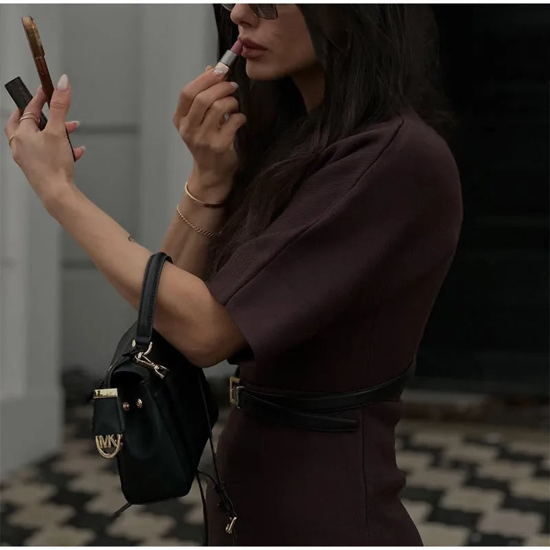 Chic Splicing Brown Half Sleeve Maxi Dress Women's Casual Pleated A-line Slim Vestidos Female Office Commute Street Robes