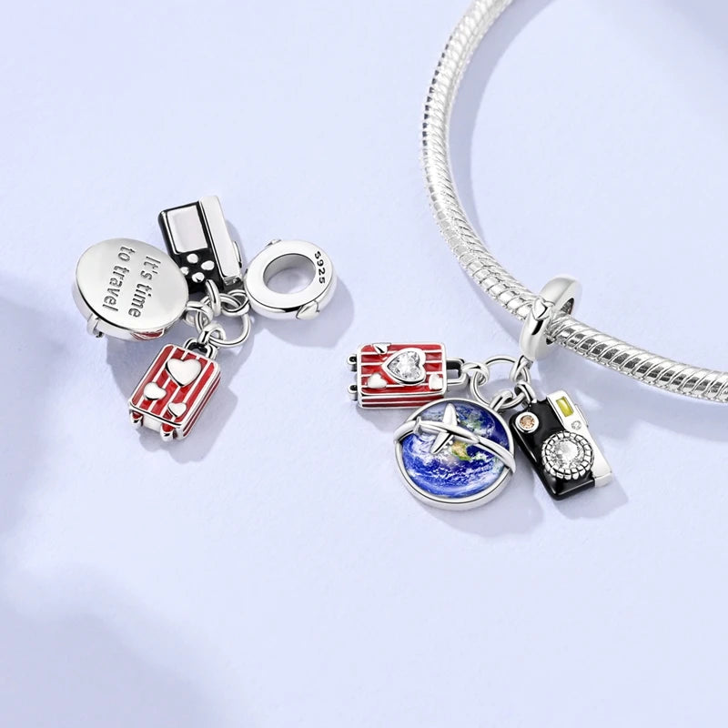 925 Sterling Silver Charms Bead Dangle Airplane Luggage Passport Travel Charms Fit Original Charms Bracelet Jewelry Gift