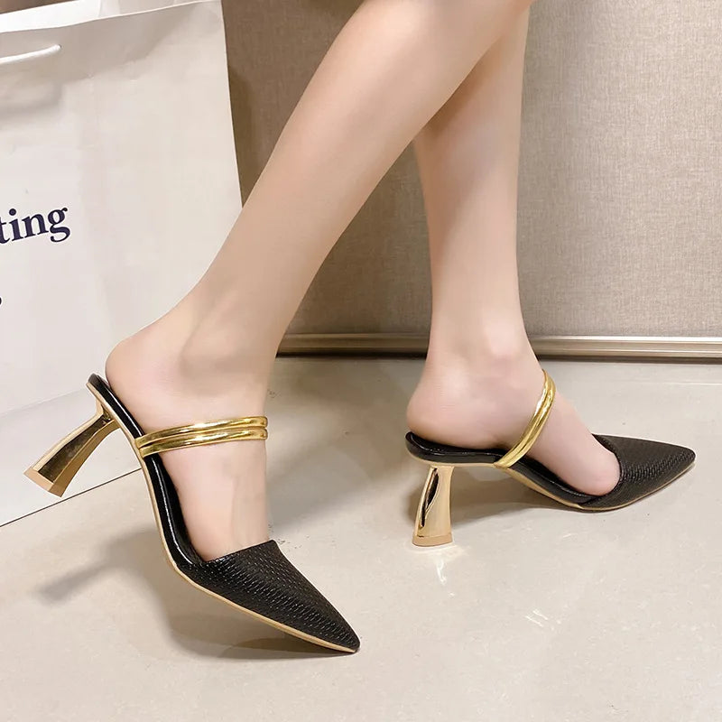 Summer Women's Fashion Pointed Sandals Elegant Temperament High Heeled Comfortable Color Blocked Slip on Half Slippers 2026