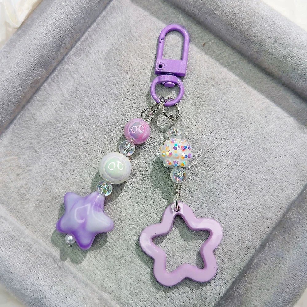 Gradient Color Star Beaded Keychain Imitation Pearl Acrylic Hollow Pentagram Keyring Girls Earphone Case Phone Decor Ornaments