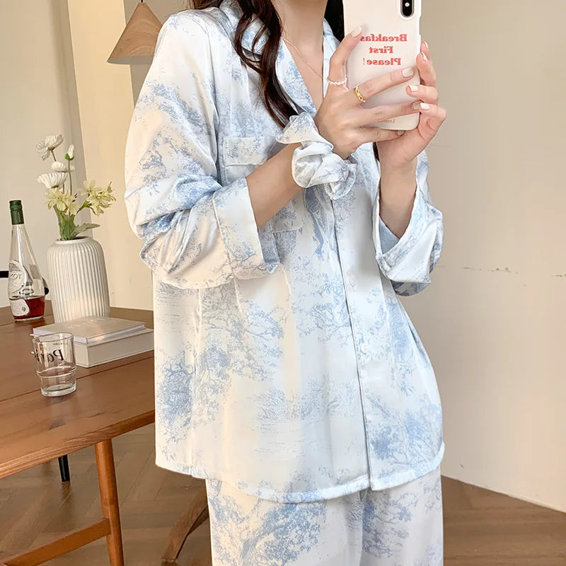 Women Sleepwear 2PCS Pajamas Set Sexy Print Flower Long Sleeve Trouser Suits Loungewear Loose Casual Satin Home Clothes Pyjama