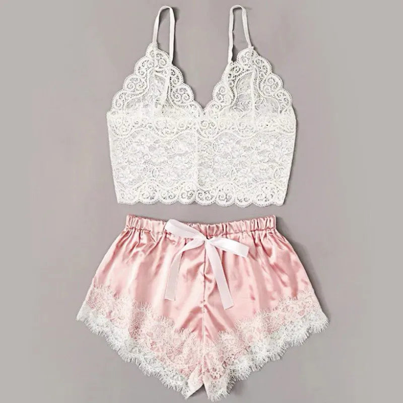 Women's 2 Piece Sexy Lace Pajama Set See-through Bralette Cami Top And Shorts Breathable Sleepwear Plus Size Summer Lingerie