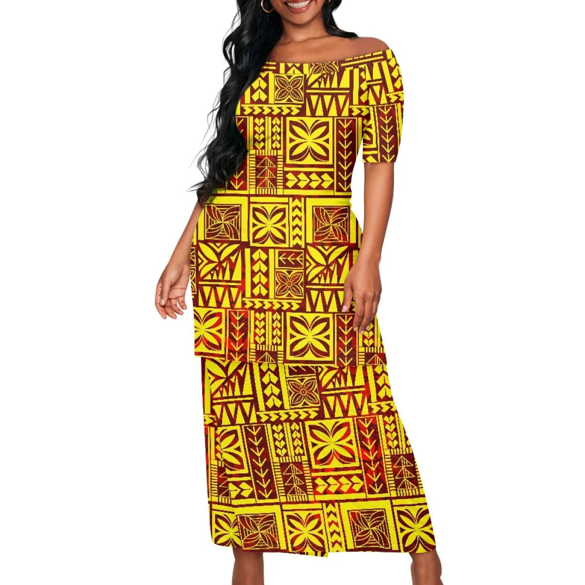 Summer Islander Women Puletasi Samoa Dresses Lady Short Sleeve Off shoulder Two Piece Set Polynesian Tribal Clothing White Print