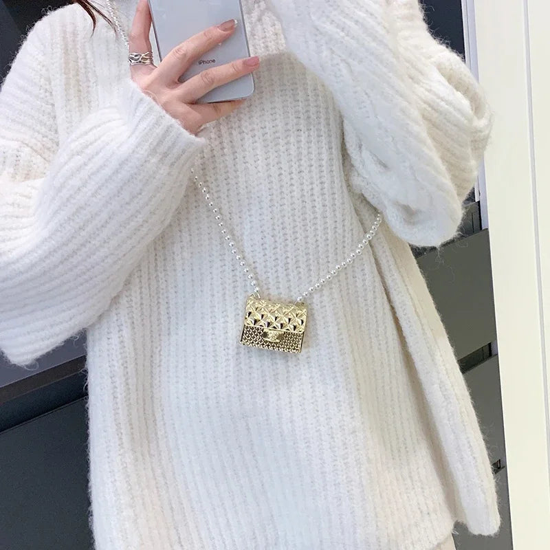 Mini Metal Shoulder Bags for Women Pearl Chain Crossbody Bag Designer Clothing Accessories Satchel Female Decorative Box Handbag