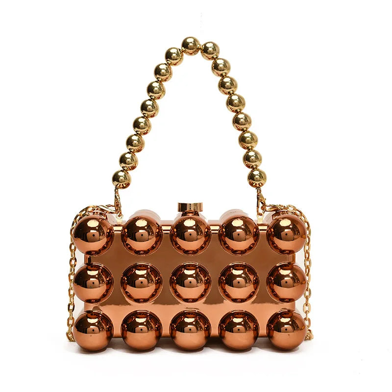 Gold Beaded Chain Banquet Purse Luxury Acrylic Cake Box Bag Women Niche Design Creative High-end Brand Elegant Shoulder Handbag