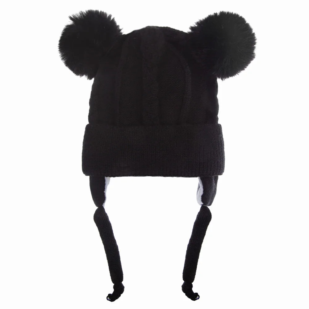 Cute Bear Earpuff Textured Knit Hats Pompom Baby Boys Girls Thick Warm Winter Ear Protection Caps Cotton Lining Kids Headwraps