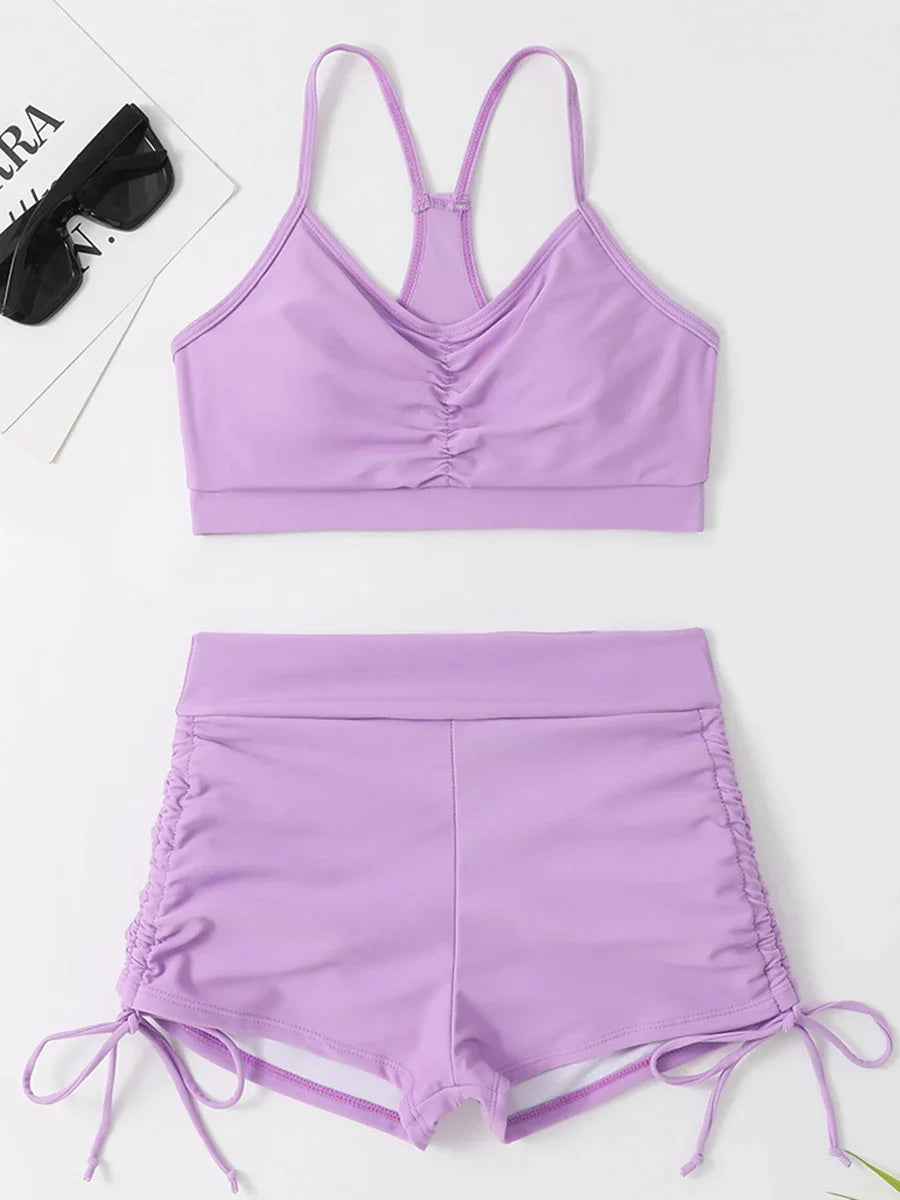 Drawstring Front Shorts Bikinis High Waist Swimsuit Women Swimwear Female Bathers Bathing Swimming Swim Suit Beachwear