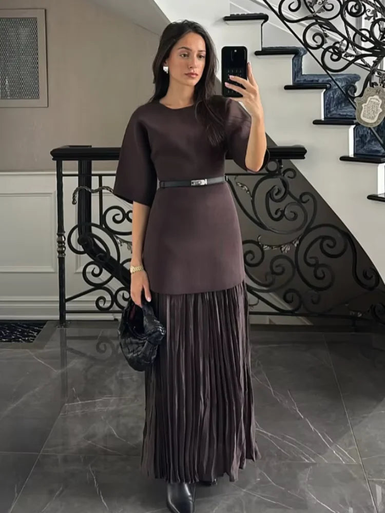 Chic Splicing Brown Half Sleeve Maxi Dress Women's Casual Pleated A-line Slim Vestidos Female Office Commute Street Robes