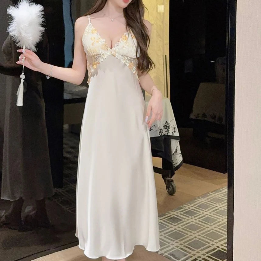 Patchwork Lace Female Long Twinset Robe Set Sexy Lingerie Nightgown Home Dress Elegant Ice Silk Kimono Gown Bathrobe Sleepwear