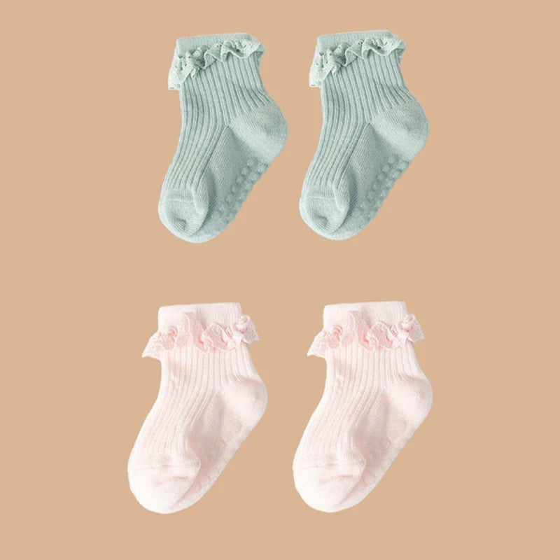 2pairs/lot Children's non slip socks for infants and young children 0-6 months girls' solid colored lace socks baby floor socks