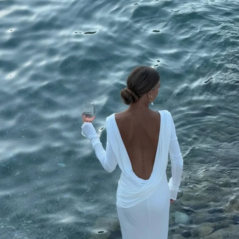 Chic Backless White Long Sleeved Slim Fit Dress for Women Pleated Elegant Round Neck Long Dresses New Female Evening Gowns