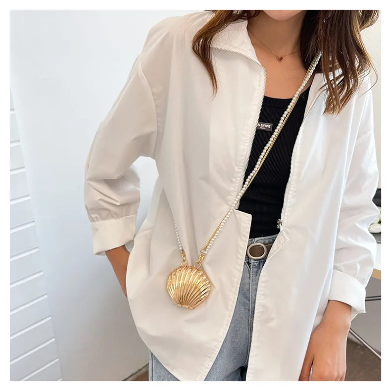 2026 New Summer Lipstick Bags for Women Fashion Pearl Mini Purse Crossbody Bag High Quality Gold Shell Bag Designer Shoulder Bag