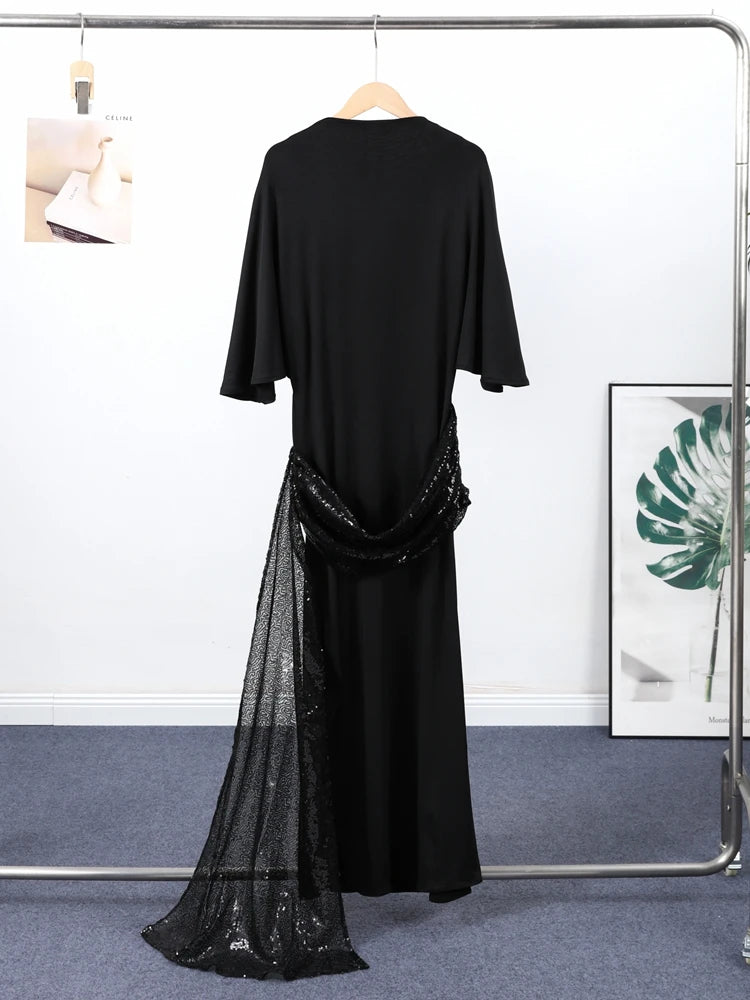 Sequined Patchwork Evening Dress Women Sexy Backless Half Sleeve Slim Hip Package Long Dresses Fashion Elegant Party Robes Lady