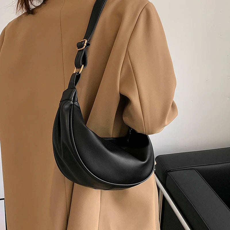 Half Moon Small PU Leather Zipper Crossbody Bags For Women Solid Color Shoulder Handbags 2025 Trends Winter Luxury Brand