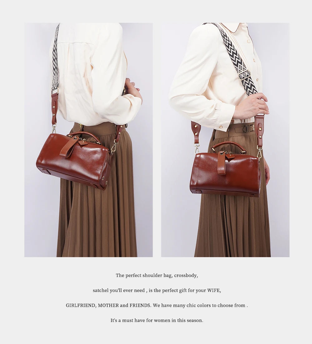 Zency Oil Wax Leather Vintage Green Handbag Women Shoulder Bag Satchel Black Wave Pattern Wide Strap Classic Boston Bag Purse