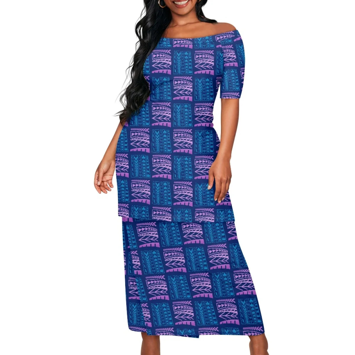 Summer Islander Women Puletasi Samoa Dresses Lady Short Sleeve Off shoulder Two Piece Set Polynesian Tribal Clothing White Print