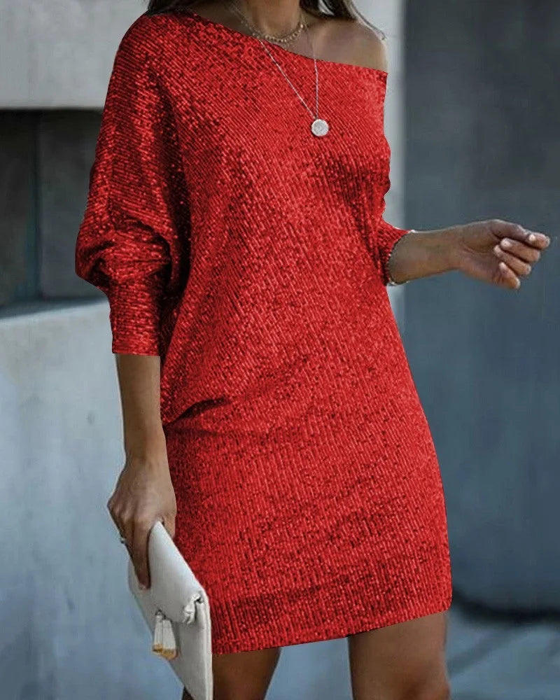 Sexy Slim-Fit Sequined Mini Dress Autumn and Winter New Dress Women Long Sleeve Off Shoulder Slash Neck Party Formal Dress
