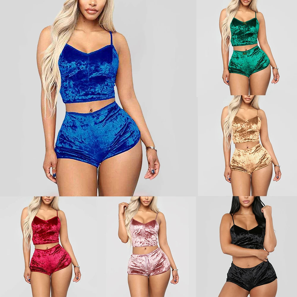 Women Sexy Lingerie Set Oil Shiny Nightwear Super Soft Short Sleepwear Sleeveless Crop Tops Solid Shorts Pajamas Set Casual Wear