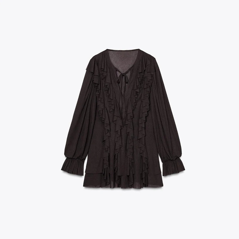 Sexy Ruffles Short Dress V-neck Long Lantern Sleeve Pleated Brown Party Dresses Female Spring Summer Lady Loose Vestidos