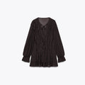 Sexy Ruffles Short Dress V-neck Long Lantern Sleeve Pleated Brown Party Dresses Female Spring Summer Lady Loose Vestidos