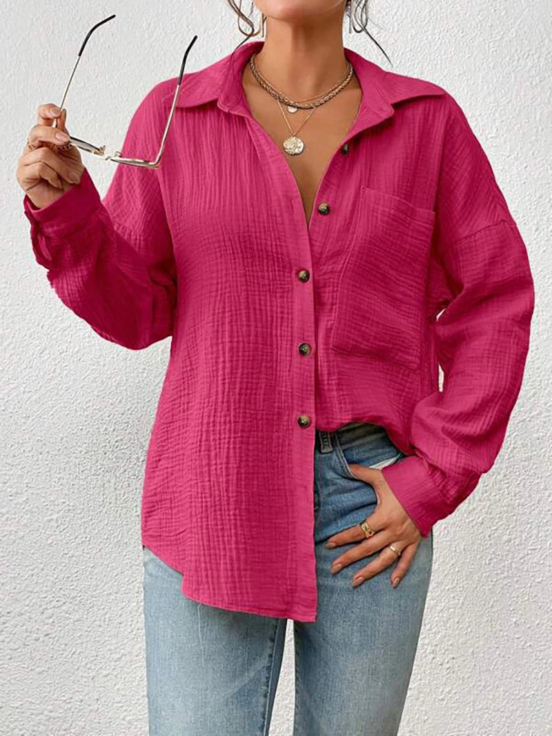 100% Cotton Gauze Muslin Women Shirts Casual Turn Down Collar Long Sleeve Top Office Lady Elegant Blouses for Women Blusas