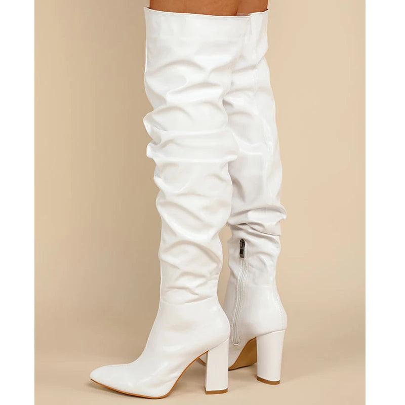 Eilyken Pleated Thigh High Boots Fashion Pointed Toe Zip Female Stiletto Square Heels Design White Black Brown Women's Shoes