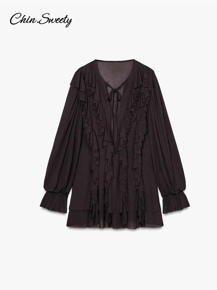 Sexy Ruffles Short Dress V-neck Long Lantern Sleeve Pleated Brown Party Dresses Female Spring Summer Lady Loose Vestidos