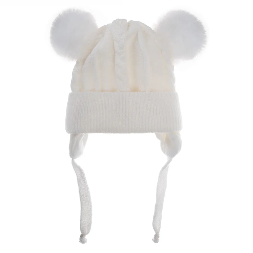 Cute Bear Earpuff Textured Knit Hats Pompom Baby Boys Girls Thick Warm Winter Ear Protection Caps Cotton Lining Kids Headwraps