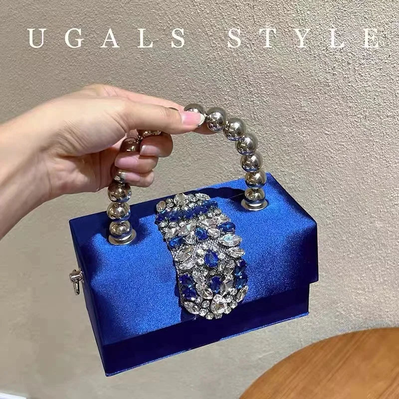 Luxury Designer Satin Square Box Crystal Shiny Diamonds Evening Bag Women's Handbag Wedding Party Clutch Purse Crossbody Bag