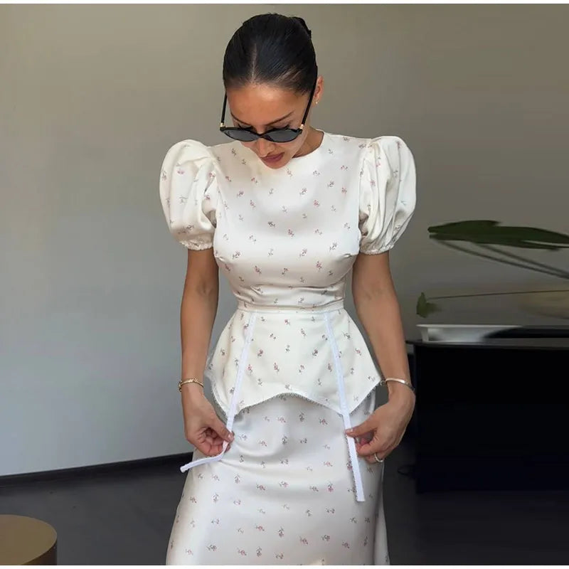 Women's White Floral Print Puff Sleeve Dress With Waistband Fashion Satin Ruffled Hem Maxi Dress
