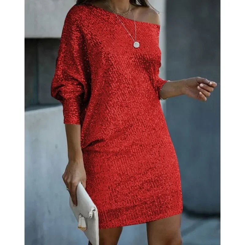 Sexy Slim-Fit Sequined Mini Dress Autumn and Winter New Dress Women Long Sleeve Off Shoulder Slash Neck Party Formal Dress
