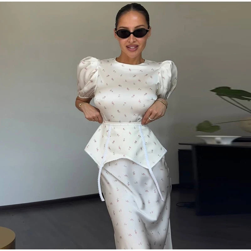 Women's White Floral Print Puff Sleeve Dress With Waistband Fashion Satin Ruffled Hem Maxi Dress