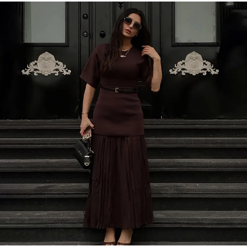 Chic Splicing Brown Half Sleeve Maxi Dress Women's Casual Pleated A-line Slim Vestidos Female Office Commute Street Robes