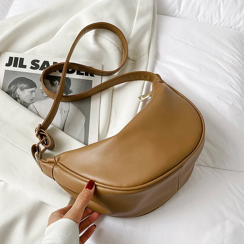 Half Moon Small PU Leather Zipper Crossbody Bags For Women Solid Color Shoulder Handbags 2025 Trends Winter Luxury Brand