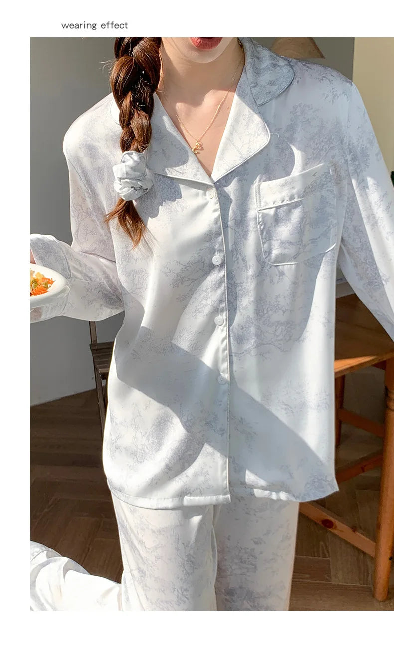 Women Sleepwear 2PCS Pajamas Set Sexy Print Flower Long Sleeve Trouser Suits Loungewear Loose Casual Satin Home Clothes Pyjama