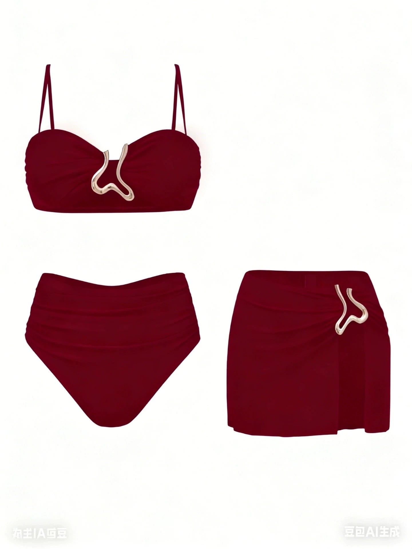 Sexy Detachable Shoulder Bikini Set Women Brown Metal Push Up High Waist Swimsuit Beach Bathing Suit Skirt 3 Piece Swimwear