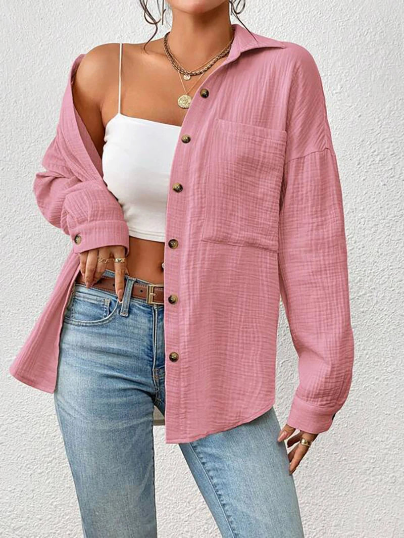 100% Cotton Gauze Muslin Women Shirts Casual Turn Down Collar Long Sleeve Top Office Lady Elegant Blouses for Women Blusas