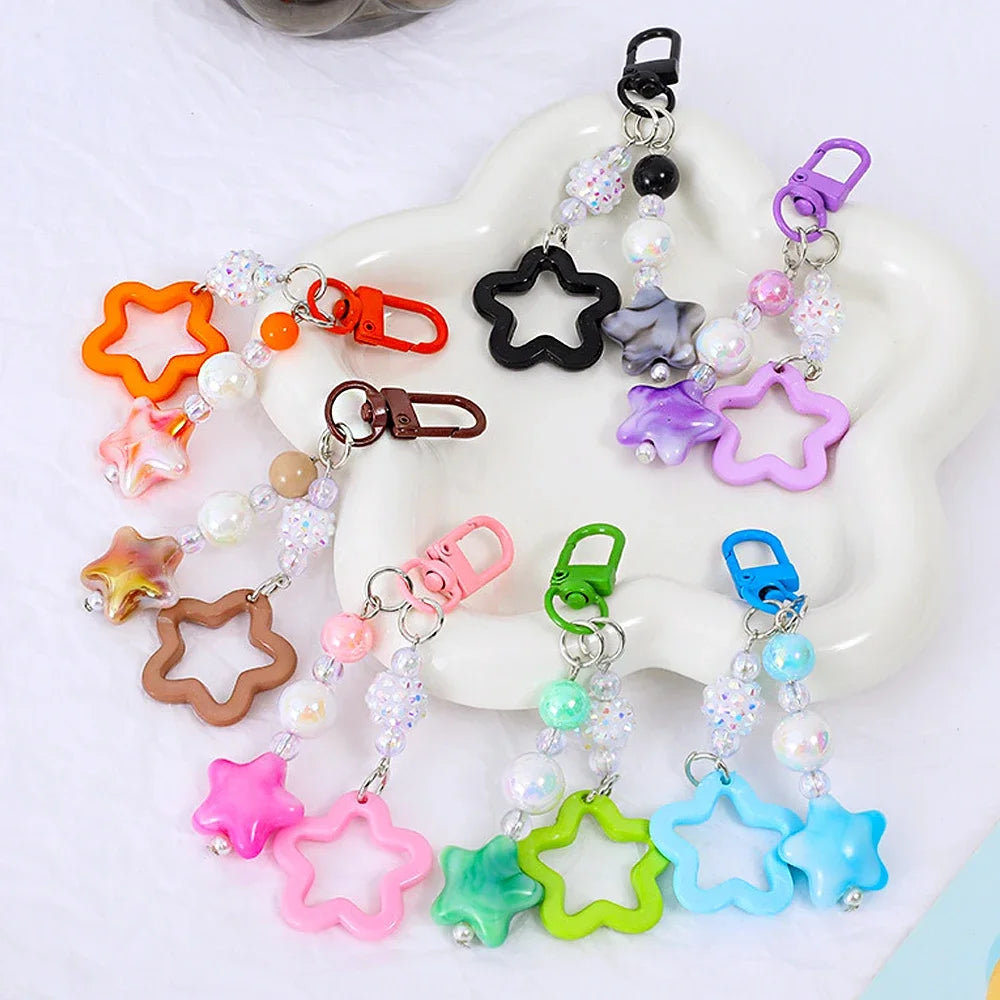 Gradient Color Star Beaded Keychain Imitation Pearl Acrylic Hollow Pentagram Keyring Girls Earphone Case Phone Decor Ornaments
