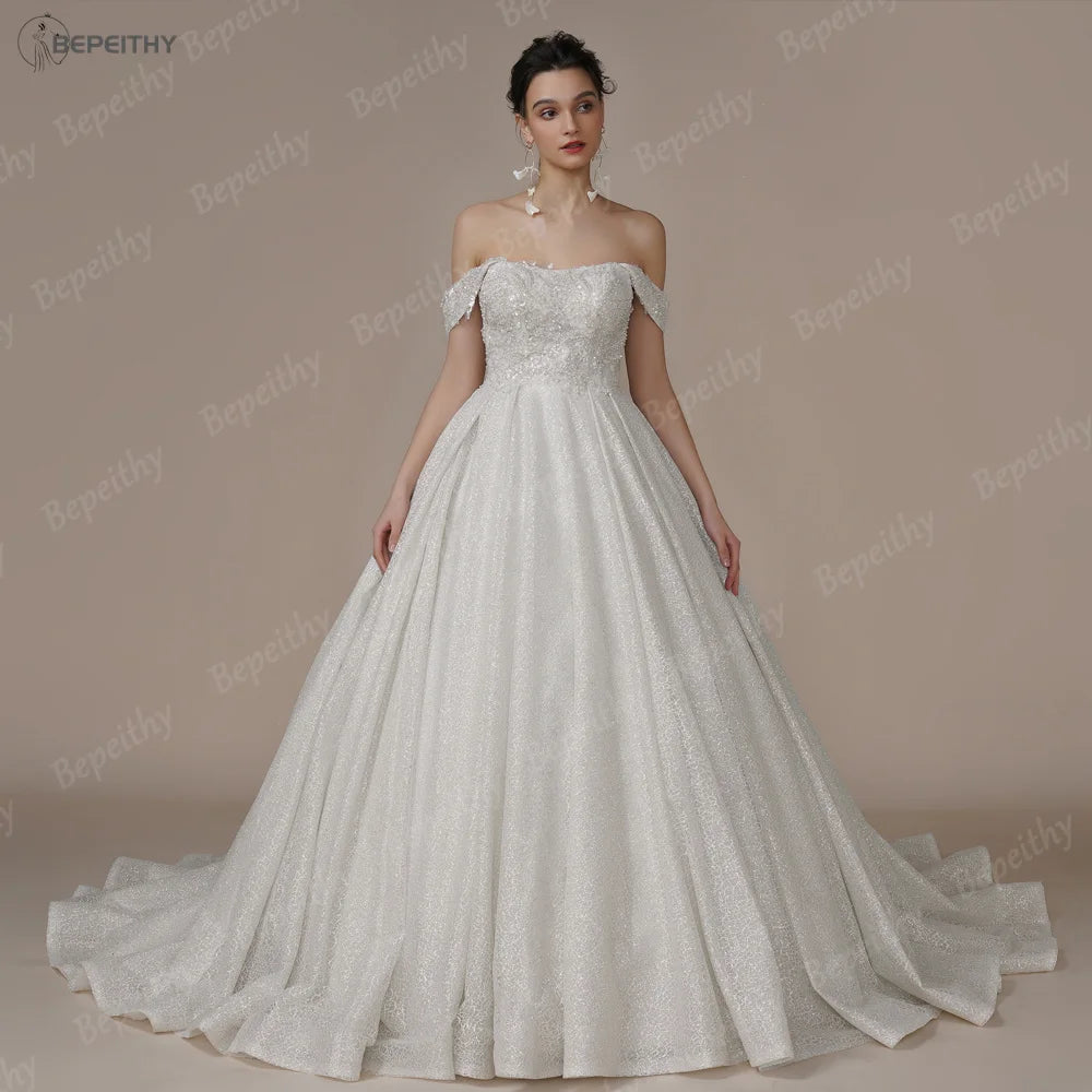 BEPEITHY Customized Luxury Strapless A Line Glitter Wedding Dresses Off The Shoulder Women Ivory Bling-Bling Bride Bridal Gown