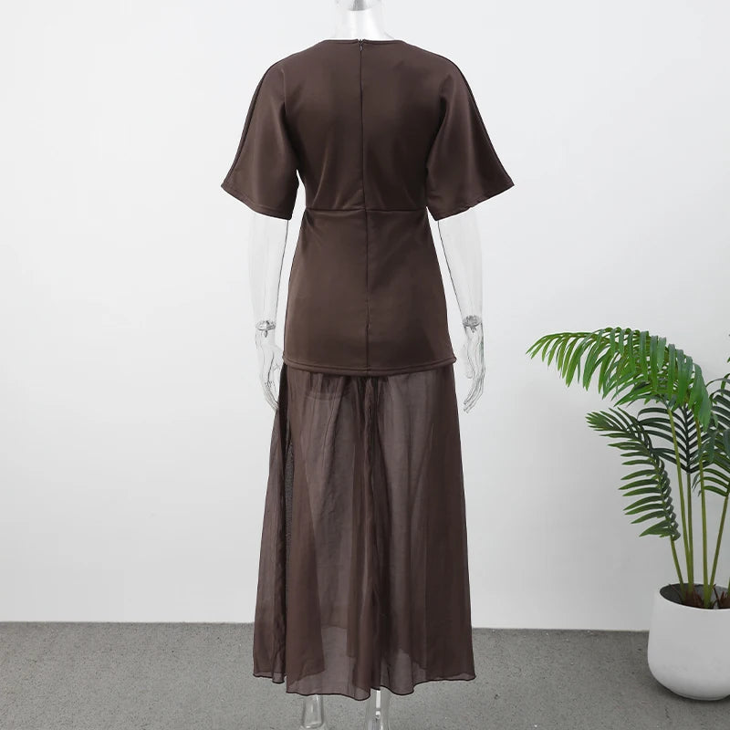 Chic Splicing Brown Half Sleeve Maxi Dress Women's Casual Pleated A-line Slim Vestidos Female Office Commute Street Robes