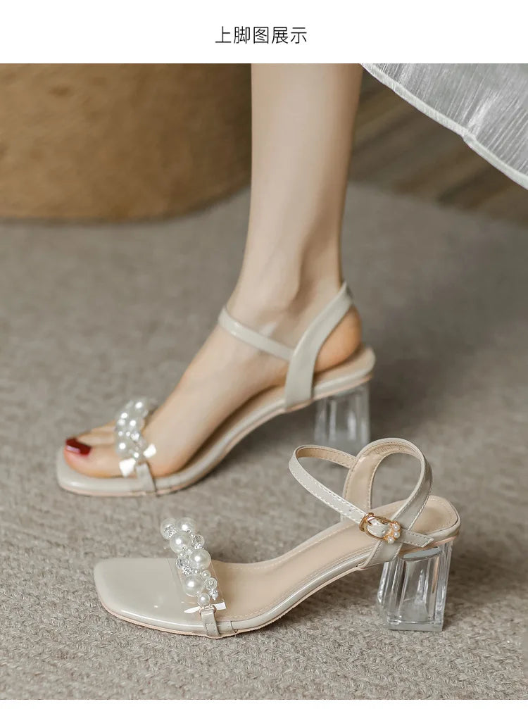 Summer Fahsion Sandals Women 2026 New Pearl High Heels Slippers Girls Crystal Heel Summer Shoes Trendy Slides Transparent Sandal