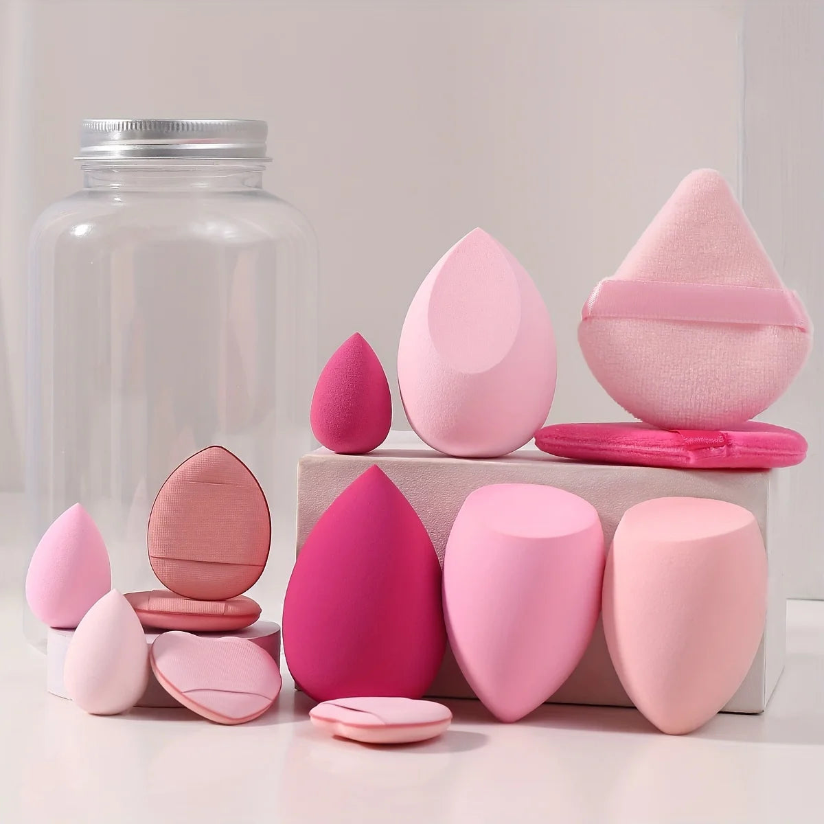 Face Makeup Tool Set With Organizer, Large Beauty Eggs Fan Puffs   Mini Beauty Eggs Thumb Puffs Makeup Sponge Puffs